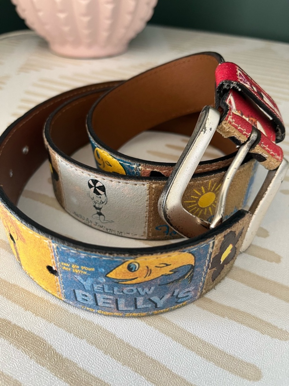 Vintage Fossil Yellow Belly's Graphic Leather Belt with Sun Accents